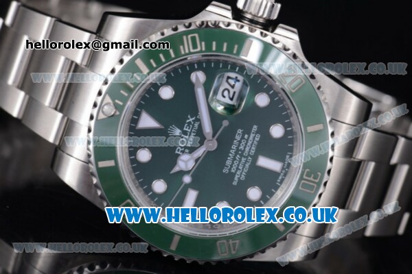 Rolex Submariner Swiss ETA 2836 Automatic Stainless Steel Case/Bracelet with Green Dial Dot Markers - 1:1 (J12) - Click Image to Close